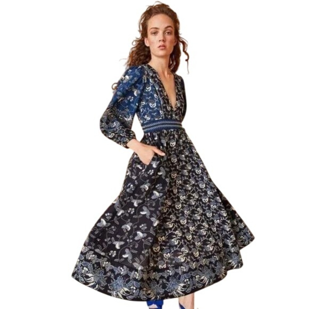 Ulla Johnson Iona Midi Dress Patchwork Blue Batik Floral Women's Size 2‎